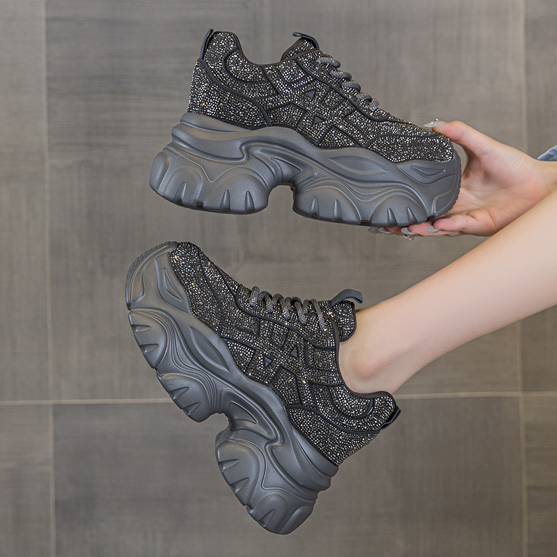 Running Shoes Women - รองเท้าผ้าใบผู้หญิงแบบผูกเชือก ส้นสูง แพลตฟอร์ม ประดับคริสตัล รองเท้าทำงาน รองเท้าวิ่งกลางคืน
