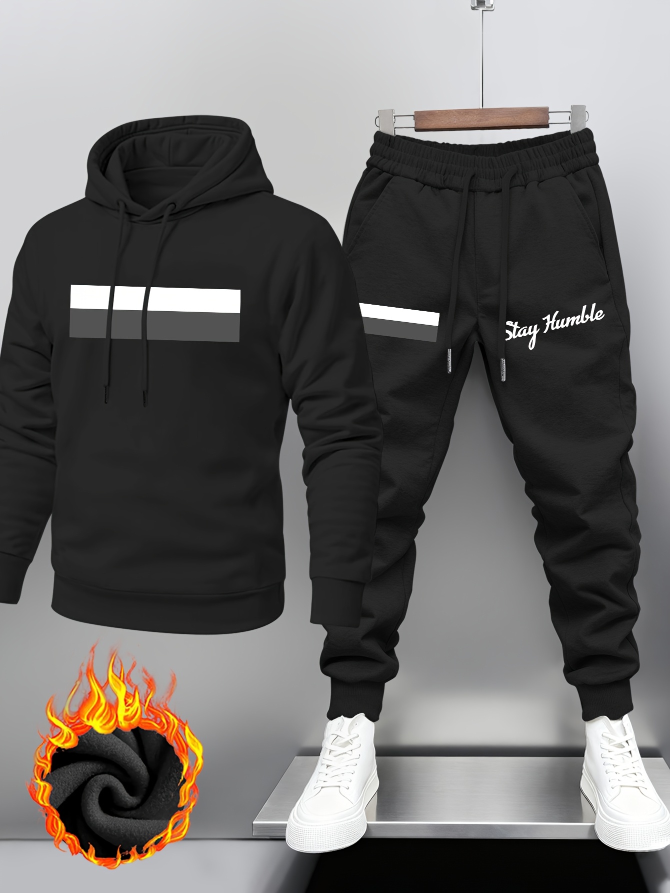 Joggers Pants - ชุดเสื้อฮู้ดและกางเกงจ็อกเกอร์สำหรับผู้ชาย | สไตล์ลำลองพร้อมดีไซน์แถบข้างและคำขวัญสร้างแรงบันดาลใจ ผ้าเนื้อยืดเล็กน้อย