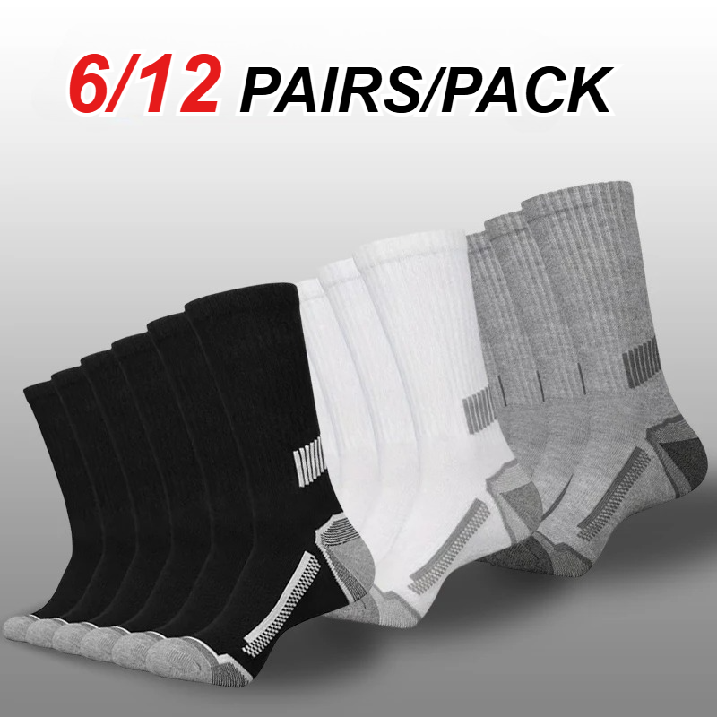 Sports Socks - 6/12 คู่ ถุงเท้ากีฬาผู้ชายแบบกลางข้อ สวมใส่สบาย ระบายอากาศได้ดี ป้องกันกลิ่น